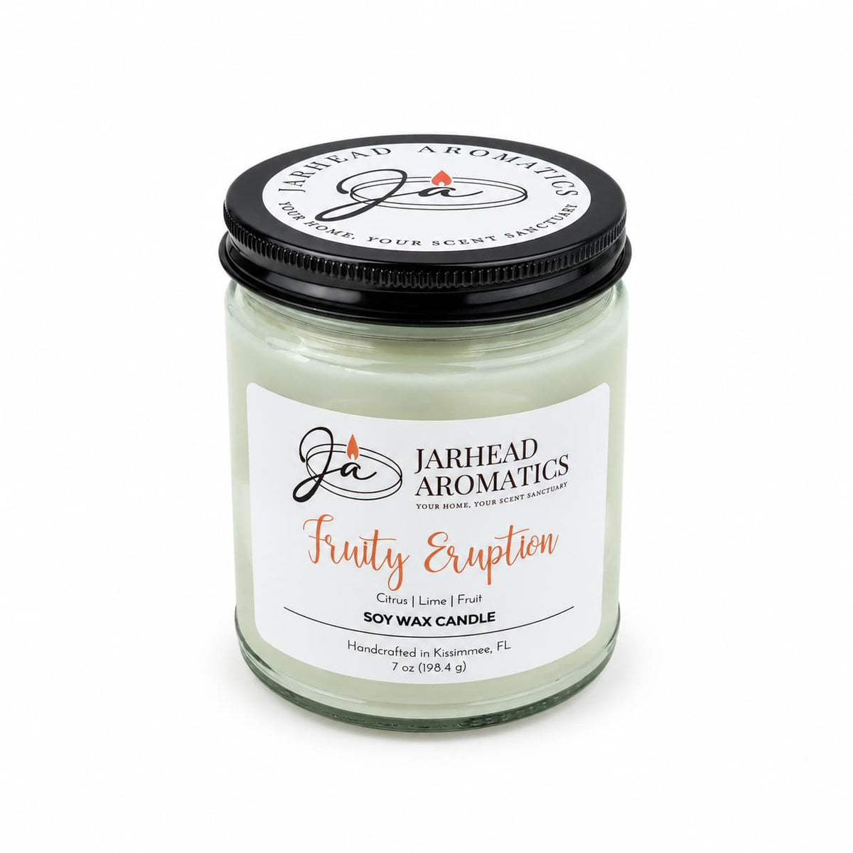 A light green Jarhead Aromatics Fruity Eruption Soy Wax Candle | Citrus, Lime & Fruit in a jar with a black lid.