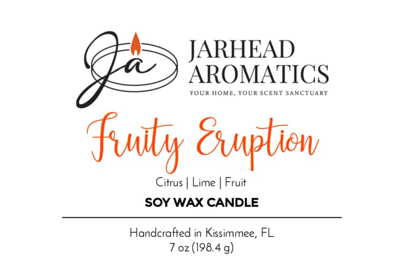 Product label for a Jarhead Aromatics Fruity Eruption Soy Wax Candle with notes of citrus and lime, handcrafted in Kissimmee, FL.