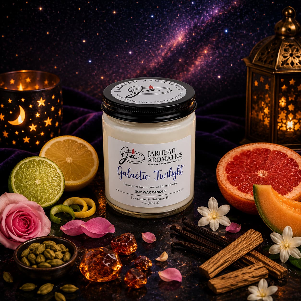 The Galactic Twilight Soy Wax Candle by Jarhead Aromatics, scented with bergamot, jasmine, and amber, is displayed among citrus slices, spices, florals, and crystals under a starry sky for a mystical and aromatic ambiance.