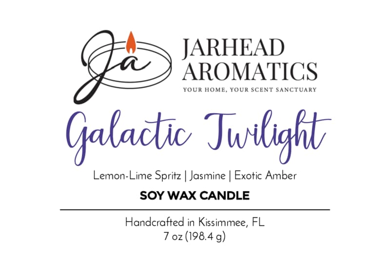 Jarhead Aromatics Galactic Twilight Soy Wax Candle. Luxury bergamot, jasmine & amber scent. Handcrafted in Kissimmee, FL. Net wt: 7 oz (198.4 g).
