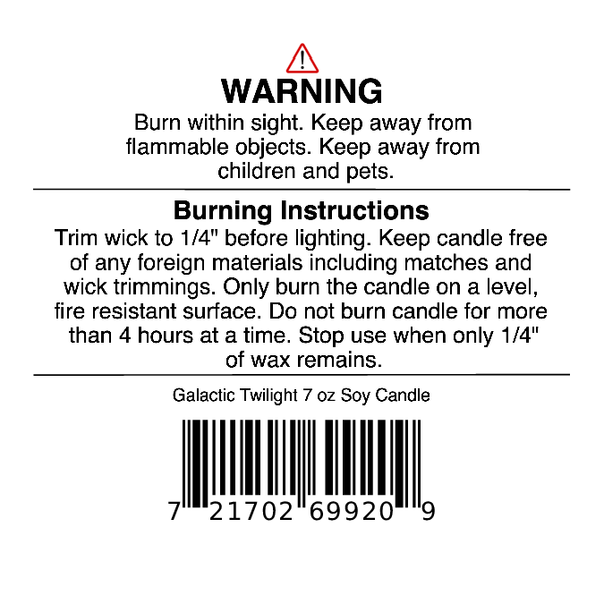 Candle warning label with burning instructions, safety symbols, barcode, and product name "Galactic Twilight Soy Wax Candle | Bergamot, Jasmine & Amber" by Jarhead Aromatics. Trim wick; keep from children and flammable objects.
