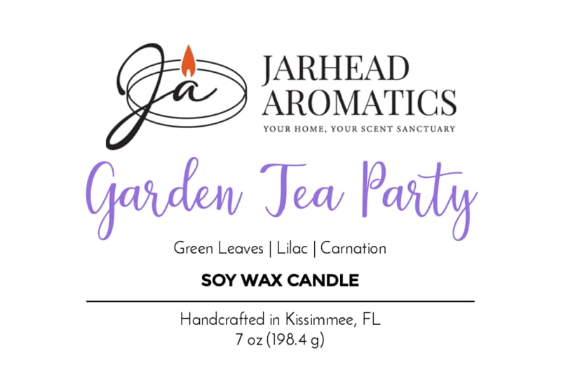 Label for a Jarhead Aromatics Garden Tea Party Soy Wax Candle. This floral-scented candle features notes of rose, jasmine, and green florals. Handcrafted in Kissimmee, FL; 7 oz (198.4 g). Logo and candle details are at the top. Soy Wax Candle.