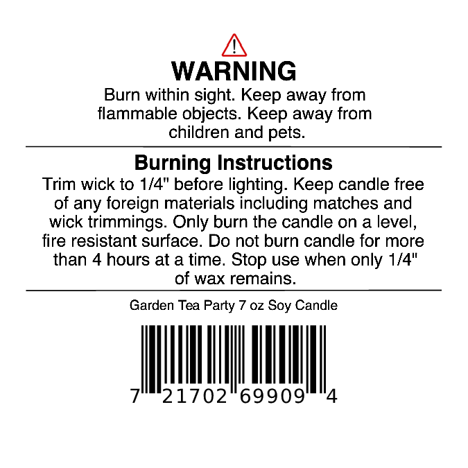 Candle warning label with safety instructions, burning directions, and barcode. Text advises trimming the wick, keeping away from flammable objects, and only burning your Jarhead Aromatics Garden Tea Party Soy Wax Candle | Rose, Jasmine & Green Floral Candle on a level, fire-resistant surface. Perfect for use with your floral scented candle or any hand-poured soy candle.