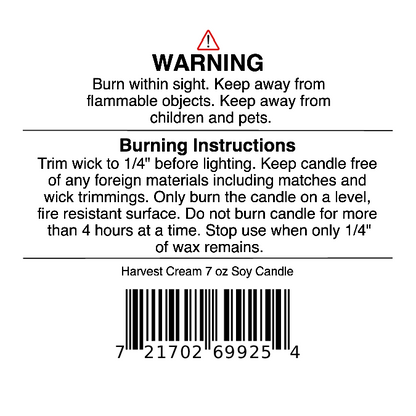 Candle warning and burning instructions label with a barcode, safety warning, burn guidelines, and detailed soy candle information in black text on a white background—ideal for your Jarhead Aromatics Harvest Cream Soy Wax Candle in Pumpkin Spice, Brown Sugar & Vanilla or any other favorite autumn fragrance soy wax candle.