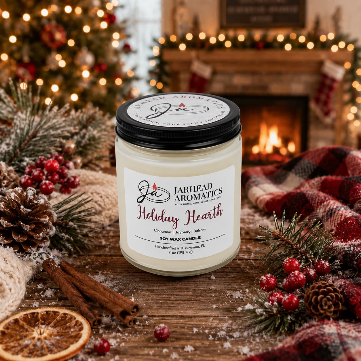 A Jarhead Aromatics Holiday Hearth Soy Wax Candle | Cinnamon Clove, Bayberry & Balsam Holiday Candle rests on a wooden table surrounded by pine branches, red berries, cinnamon sticks, and a cozy plaid blanket; its warm, festive fragrance fills the air while a Christmas tree and glowing fireplace create a welcoming holiday ambiance in the background.