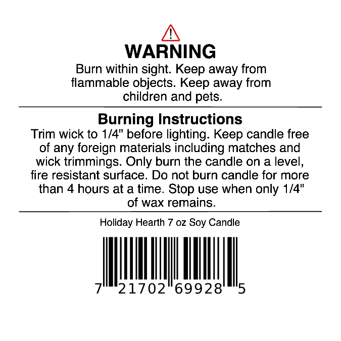Black text warning and burning instructions for the Jarhead Aromatics Holiday Hearth Soy Wax Candle | Cinnamon Clove, Bayberry & Balsam Holiday Candle, 7 oz, plus a barcode. Instructions include: Trim wick before each use. Burn your holiday candle on a level surface. Keep away from children, pets, and flammable objects.
