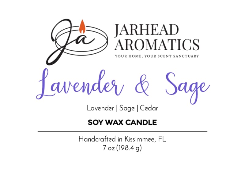 Label for a relaxing candle: Jarhead Aromatics Lavender & Sage Soy Wax Candle. Hand-poured in Kissimmee, FL with notes of lavender, sage, and sandalwood. 7 oz (198.4 g). Features brand logo and tagline.