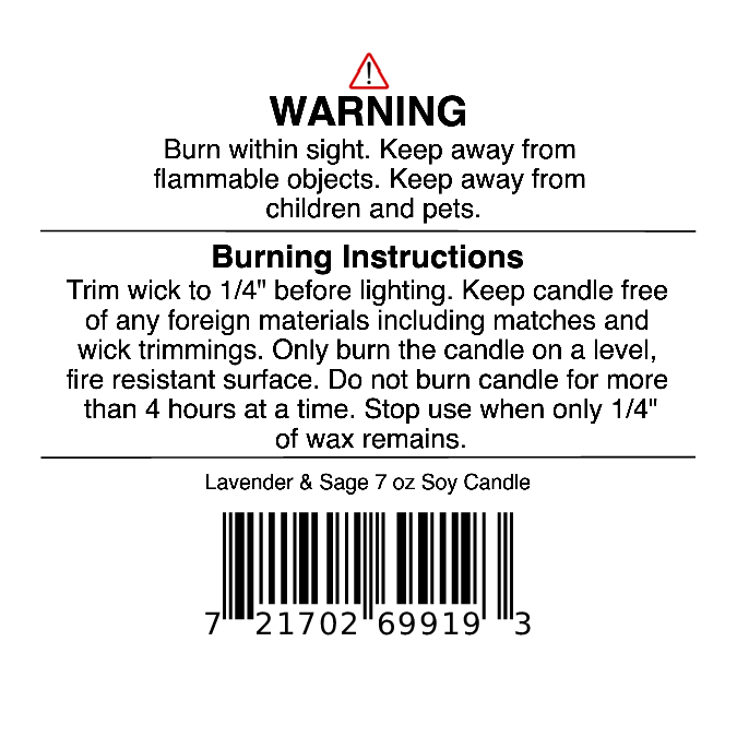 Lavender & Sage Soy Wax Candle by Jarhead Aromatics features a relaxing lavender, sage & sandalwood scent. Includes candle warning and burning instructions with safety tips, wick trimming guide, and barcode. Hand-poured, 7 oz.