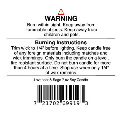 Lavender & Sage Soy Wax Candle by Jarhead Aromatics features a relaxing lavender, sage & sandalwood scent. Includes candle warning and burning instructions with safety tips, wick trimming guide, and barcode. Hand-poured, 7 oz.