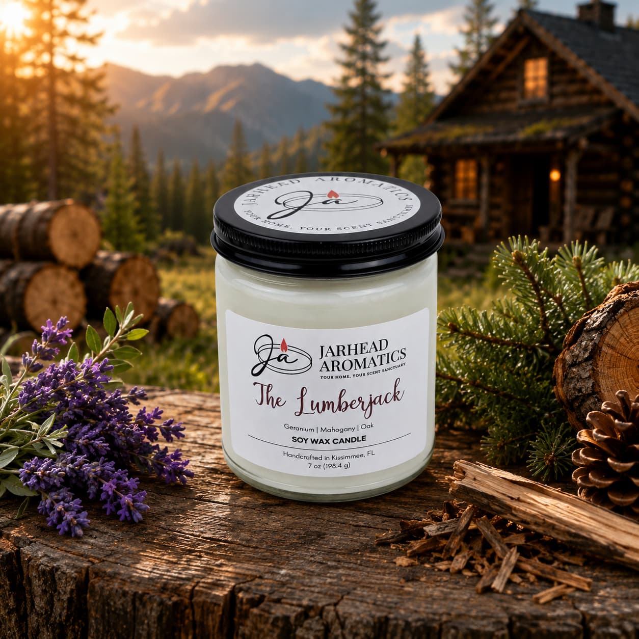 A Jarhead Aromatics The Lumberjack Soy Wax Candle | Cedar, Oak & Mahogany sits on a wooden surface outdoors, filling the air with masculine notes that evoke a rustic cabin among mountains and pines.
