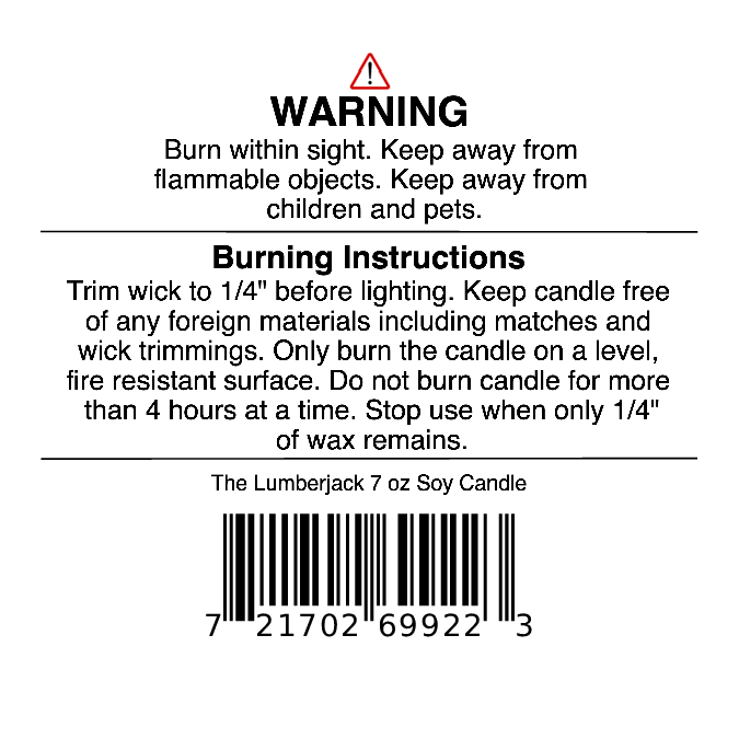 Candle warning and burning instructions label with safety guidelines, barcode, and product name "The Lumberjack Soy Wax Candle | Cedar, Oak & Mahogany Candle" by Jarhead Aromatics.
