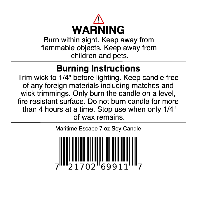 A candle warning label for the Jarhead Aromatics Maritime Escape Soy Wax Candle | Sea Salt, Ozone & Cedar Candle (7 oz) featuring safety instructions, burning guidelines, and a barcode. The label provides important fire risk warnings and proper candle use directions to help ensure your coastal-inspired experience with this soothing ocean fragrance remains safe and enjoyable.