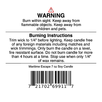 A candle warning label for the Jarhead Aromatics Maritime Escape Soy Wax Candle | Sea Salt, Ozone & Cedar Candle (7 oz) featuring safety instructions, burning guidelines, and a barcode. The label provides important fire risk warnings and proper candle use directions to help ensure your coastal-inspired experience with this soothing ocean fragrance remains safe and enjoyable.