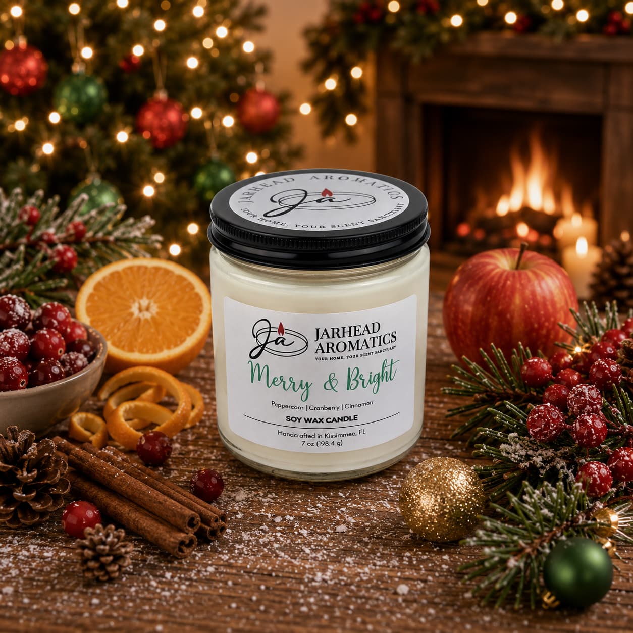 A Jarhead Aromatics Merry & Bright Soy Wax Candle | Citrus Cranberry, Warm Spice & Fir Holiday Candle sits on a festive table adorned with pinecones, apples, orange slices, cinnamon sticks, and holiday decorations. As the candle glows warmly, it fills the room with a cheerful winter fragrance while a twinkling tree and cozy fireplace shimmer in the background.
