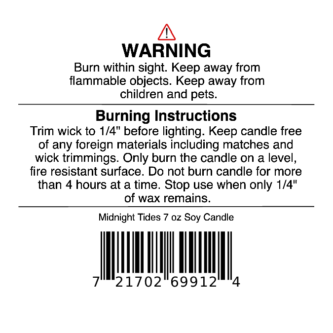 Jarhead Aromatics Midnight Tides Soy Wax Candle | Sea Salt, Dark Musk & Sandalwood label with barcode includes warning and burning instructions: trim the wick, burn on a level surface, and keep away from children, pets, and flammable objects. This ocean-inspired candle features soothing notes of sea salt, dark musk, and sandalwood for a relaxing experience.