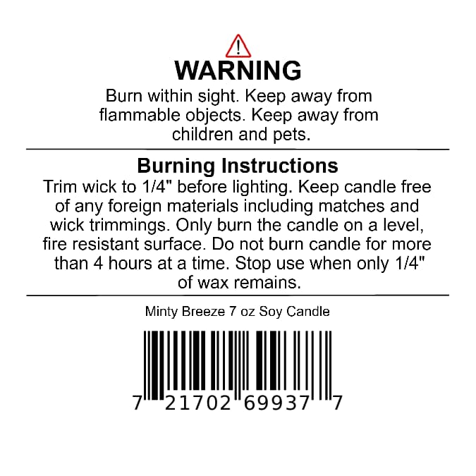 Warning label on a 7 oz Minty Breeze Soy Wax Candle by Jarhead Aromatics, including burn instructions and a barcode.