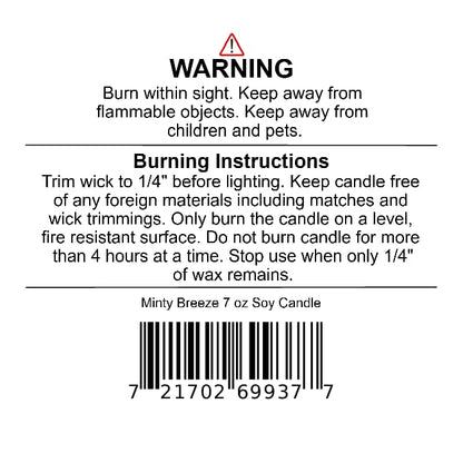 Warning label on a 7 oz Minty Breeze Soy Wax Candle by Jarhead Aromatics, including burn instructions and a barcode.
