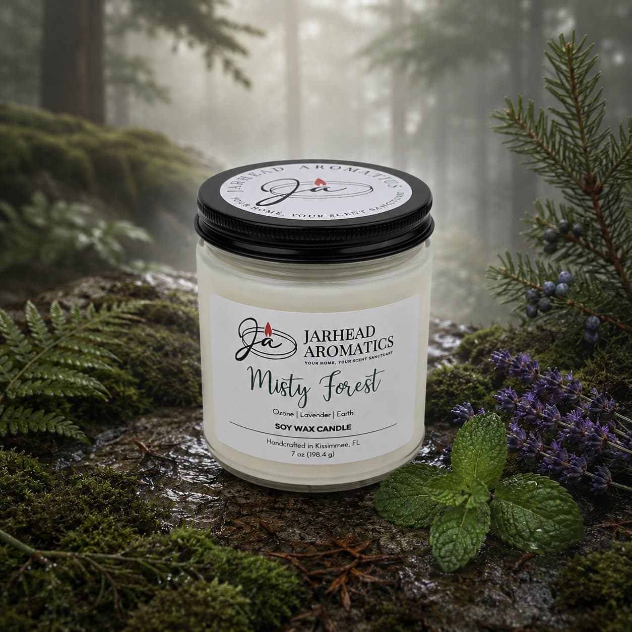 A Misty Forest Soy Wax Candle | Earthy Moss, Lavender & Juniper Candle by Jarhead Aromatics rests on a bed of moss in a misty woodland, encircled by pine branches, lavender blossoms, and mint leaves. This natural soy wax candle captures the true essence of the forest with earthy moss and fragrant undertones of lavender and juniper, infusing your space with the calming aroma of the woods.
