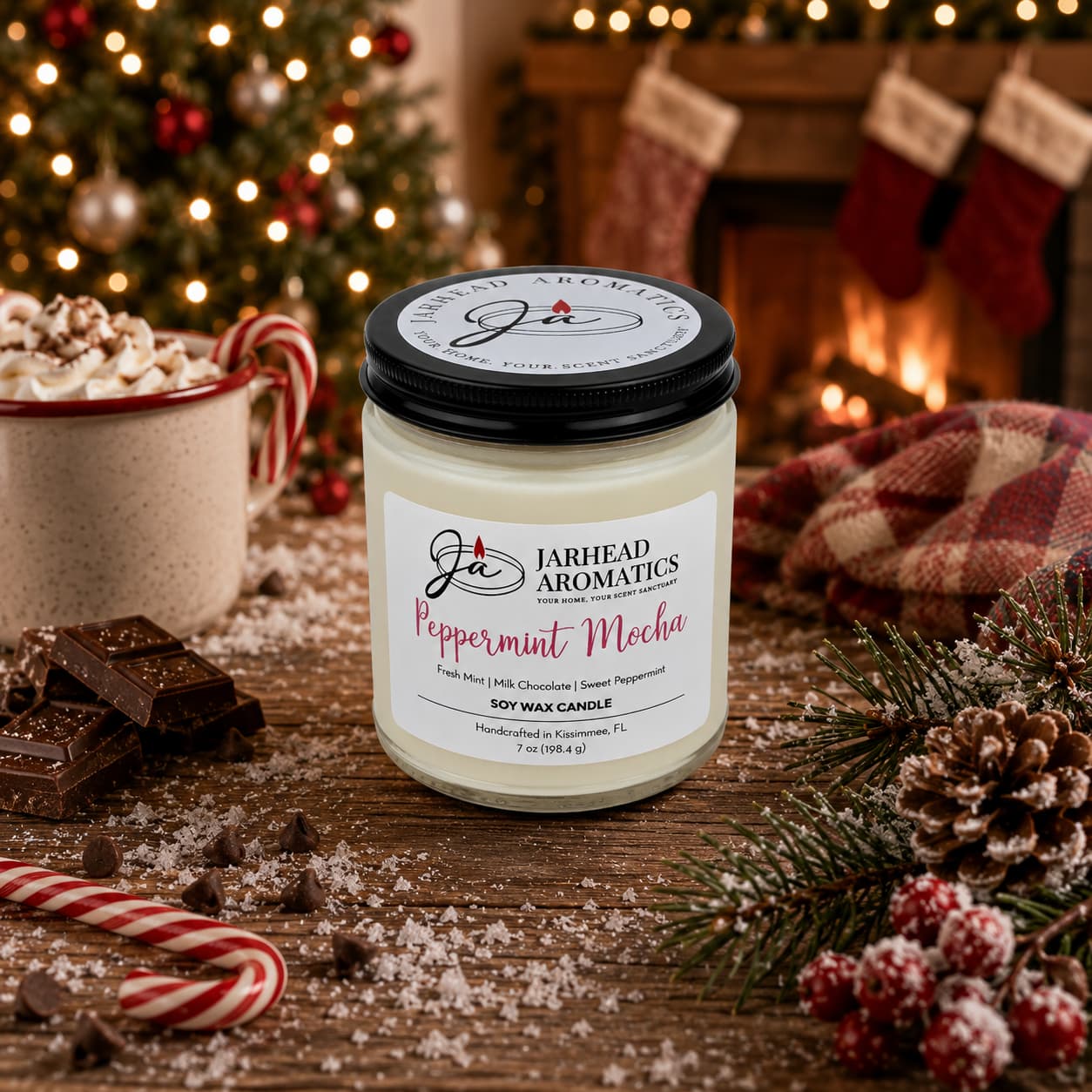 A Jarhead Aromatics Peppermint Mocha Soy Wax Candle | Chocolate Mint & Vanilla Holiday Candle rests on a festive table adorned with candy canes, chocolate, a mug of cocoa, and Christmas decorations, while a fireplace and Christmas tree glow in the background—setting the scene for enjoying your favorite holiday candle.