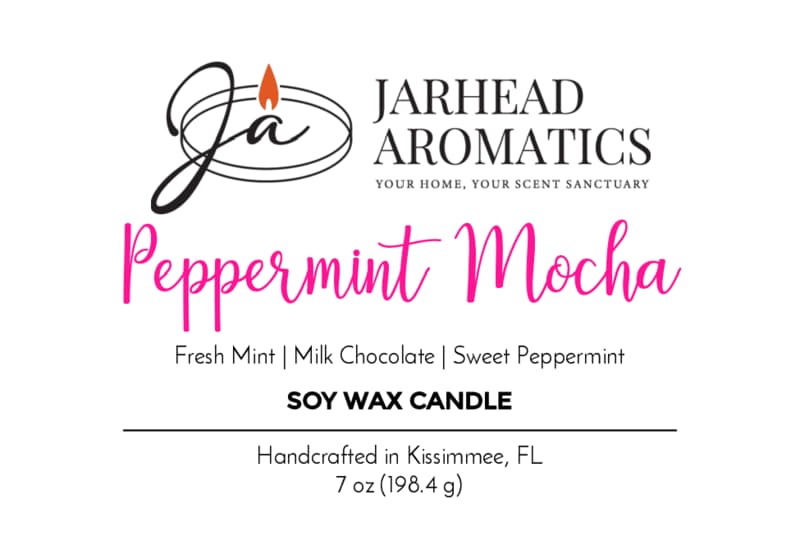 Jarhead Aromatics Peppermint Mocha Soy Wax Candle | Chocolate Mint & Vanilla Holiday Candle — a festive blend of fresh mint, creamy milk chocolate, and sweet peppermint. Handcrafted in Kissimmee, FL, this 7 oz (198.4 g) holiday candle fills your space with cozy seasonal warmth and inviting aroma.