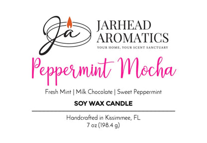 Jarhead Aromatics Peppermint Mocha Soy Wax Candle | Chocolate Mint & Vanilla Holiday Candle — a festive blend of fresh mint, creamy milk chocolate, and sweet peppermint. Handcrafted in Kissimmee, FL, this 7 oz (198.4 g) holiday candle fills your space with cozy seasonal warmth and inviting aroma.