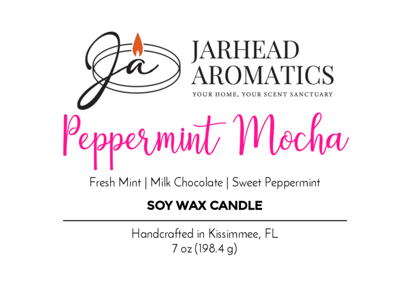 Jarhead Aromatics’ Peppermint Mocha - Soy Wax Candle from the Winter Collection blends chocolate, fresh mint, and sweet peppermint. Handcrafted in Kissimmee, FL; 7 oz (198.4 g).