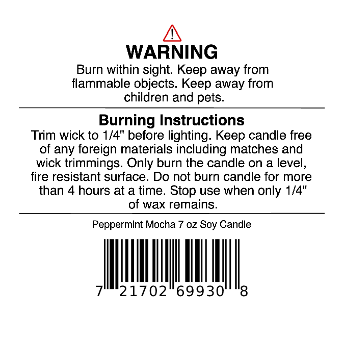 Jarhead Aromatics Peppermint Mocha Soy Wax Candle | Chocolate Mint & Vanilla Holiday Candle – 7 oz. Warning label includes safety and burning instructions: always trim wick, follow recommended burn time, and keep candle away from children, pets, and flammable objects. Enjoy the festive chocolate peppermint aroma that embodies a true holiday candle. Barcode located at the bottom.