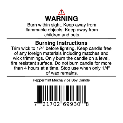 Jarhead Aromatics Peppermint Mocha Soy Wax Candle | Chocolate Mint & Vanilla Holiday Candle – 7 oz. Warning label includes safety and burning instructions: always trim wick, follow recommended burn time, and keep candle away from children, pets, and flammable objects. Enjoy the festive chocolate peppermint aroma that embodies a true holiday candle. Barcode located at the bottom.