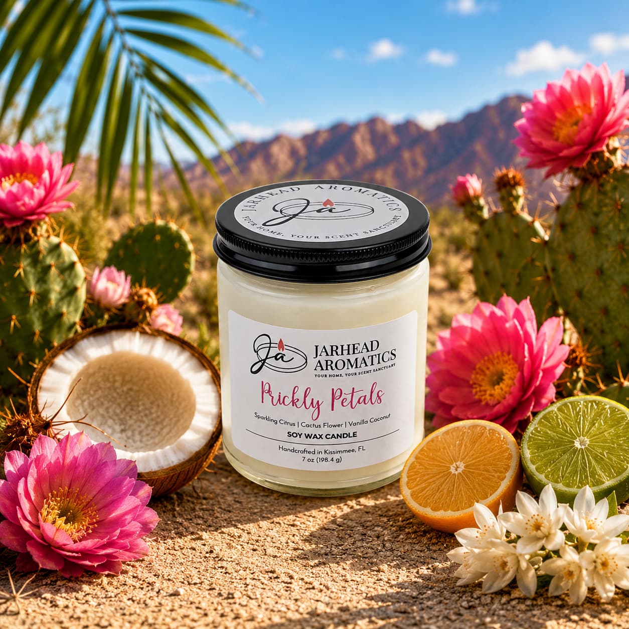 The Prickly Petals Soy Wax Candle by Jarhead Aromatics, featuring cactus flower and citrus scents, is set among pink flowers, halved citrus, coconut, blooming cacti, mountains, and sunlit palm trees.