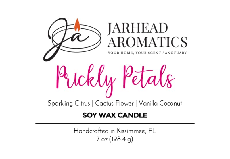 Jarhead Aromatics Prickly Petals Soy Wax Candle | Cactus Flower & Citrus Scented Candle. Handcrafted in Kissimmee, FL with notes of sparkling citrus, cactus flower, and vanilla coconut. Net wt 7 oz (198.4 g).