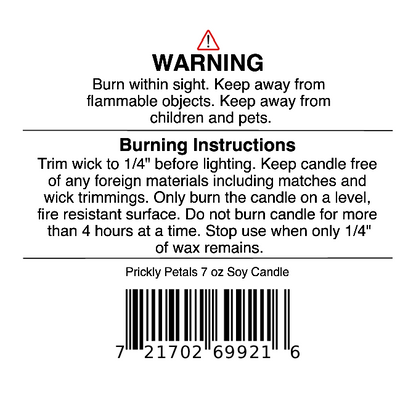 Candle warning and burning instructions label for Jarhead Aromatics' Prickly Petals Soy Wax Candle | Cactus Flower & Citrus, featuring safety tips, wick trimming advice, and a barcode—ideal for your cactus flower candle collection.