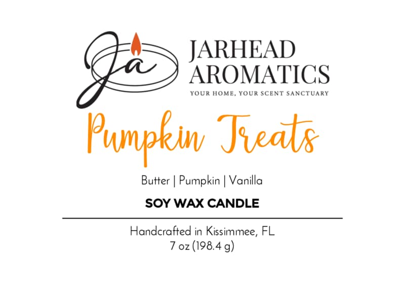 Label for the Pumpkin Treats Soy Wax Candle by Jarhead Aromatics, blending cozy fall aromas of pumpkin caramel, maple pecan, and vanilla. This autumn candle is handcrafted in Kissimmee, FL. Net weight: 7 oz (198.4 g).
