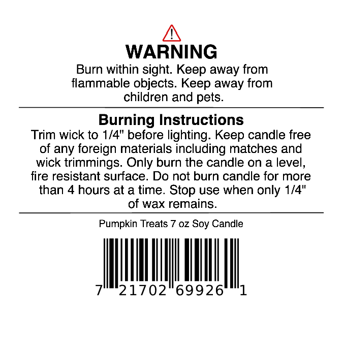 Candle warning label with safety and burning instructions, barcode, and text: “Pumpkin Treats Soy Wax Candle | Pumpkin Caramel, Maple Pecan & Vanilla Fall Candle” from Jarhead Aromatics, 7 oz. This autumn candle offers a cozy fall fragrance and provides guidance to trim the wick, keep away from children and pets, and not burn for more than four hours.