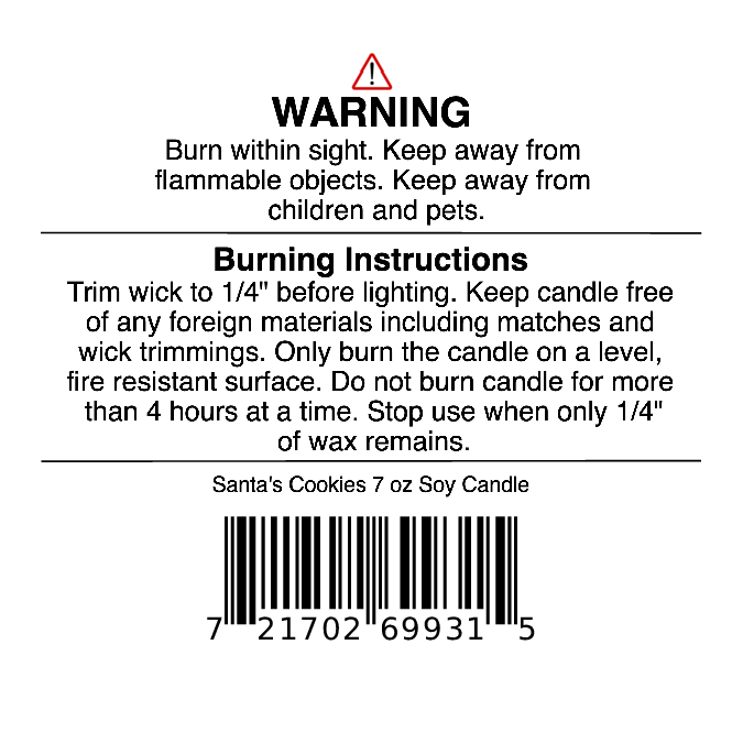 Candle warning label with safety and burning instructions, barcode, and product name: Santa’s Cookies Soy Wax Candle | Ginger, Brown Sugar, Molasses & Vanilla Holiday Candle by Jarhead Aromatics, 7 oz. This holiday candle includes detailed instructions such as trimming the wick and burning only on a safe surface.