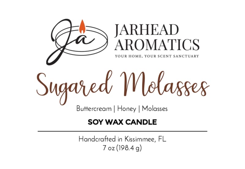 A label for Jarhead Aromatics Sugared Molasses Soy Wax Candle—a handmade soy candle featuring notes of brown sugar, honey, cinnamon, and molasses. This gourmand fall fragrance is handcrafted in Kissimmee, FL and weighs 7 oz (198.4 g).