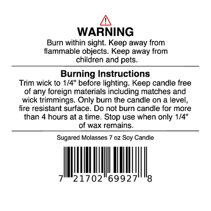 Jarhead Aromatics candle warning and burning instructions label, with barcode at the bottom, for a 7 oz Sugared Molasses Soy Wax Candle | Brown Sugar, Honey, Cinnamon & Molasses Fall Candle. This hand-poured soy candle features a rich gourmand fragrance. Instructions provide safety guidelines and recommend proper wick trimming.