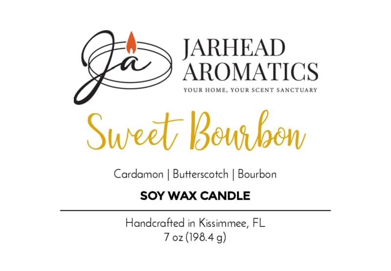 Jarhead Aromatics Sweet Bourbon Soy Wax Candle features a label highlighting the warm scents of bourbon, brown sugar, and oak. Hand-poured in Kissimmee, FL, this 7 oz (198.4 g) soy candle offers a long-lasting aroma and artisanal craftsmanship.