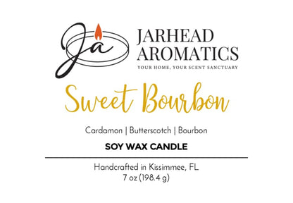 Jarhead Aromatics Sweet Bourbon Soy Wax Candle features a label highlighting the warm scents of bourbon, brown sugar, and oak. Hand-poured in Kissimmee, FL, this 7 oz (198.4 g) soy candle offers a long-lasting aroma and artisanal craftsmanship.