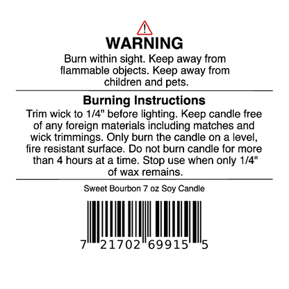 Candle warning label for Jarhead Aromatics Sweet Bourbon Soy Wax Candle | Warm Bourbon, Brown Sugar & Oak Candle, featuring safety instructions, burning directions, and a barcode. The text advises keeping the candle away from children, pets, and flammable objects while providing essential guidelines for safe use. These precautions help you enjoy the long-lasting aroma of your Sweet Bourbon Soy Wax Candle with confidence.
