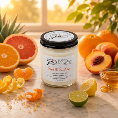 A Jarhead Aromatics Sweet Sunrise Soy Wax Candle | Bright Citrus, Agave & Peach Candle rests on a marble surface, encircled by ripe citrus fruits, peaches, sparkling sugar crystals, golden honey, and fresh orange peel—warm sunlight pouring in from a nearby window for an uplifting citrus experience that fills any room with brightness.