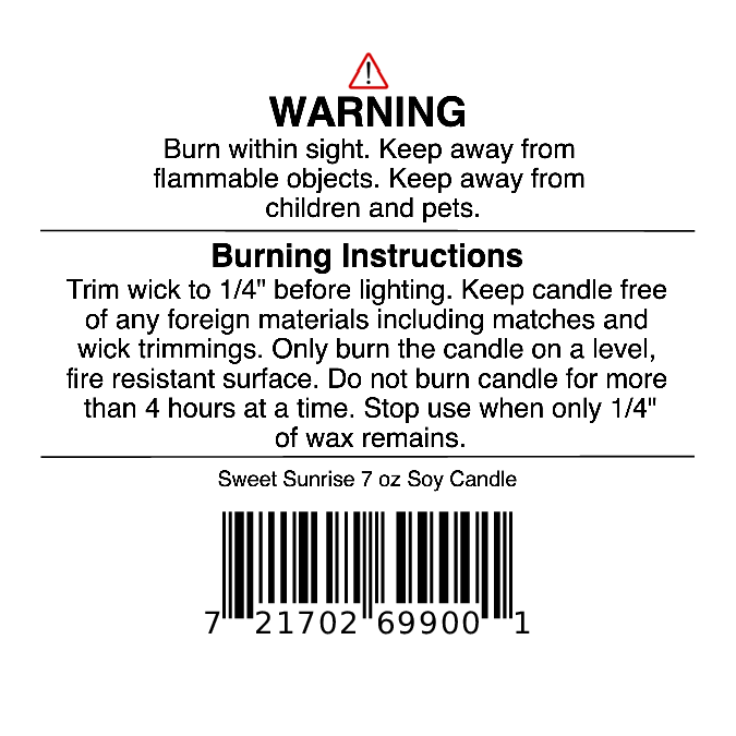 For safe use, always trim the wick before lighting your Sweet Sunrise Soy Wax Candle | Bright Citrus, Agave & Peach Candle from Jarhead Aromatics. Burn it on a level surface and keep away from children, pets, and flammable objects. This 7 oz citrus candle from Jarhead Aromatics is easy to scan using its barcode and is clearly labeled as Sweet Sunrise Soy Wax Candle | Bright Citrus, Agave & Peach Candle.