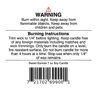For safe use, always trim the wick before lighting your Sweet Sunrise Soy Wax Candle | Bright Citrus, Agave & Peach Candle from Jarhead Aromatics. Burn it on a level surface and keep away from children, pets, and flammable objects. This 7 oz citrus candle from Jarhead Aromatics is easy to scan using its barcode and is clearly labeled as Sweet Sunrise Soy Wax Candle | Bright Citrus, Agave & Peach Candle.