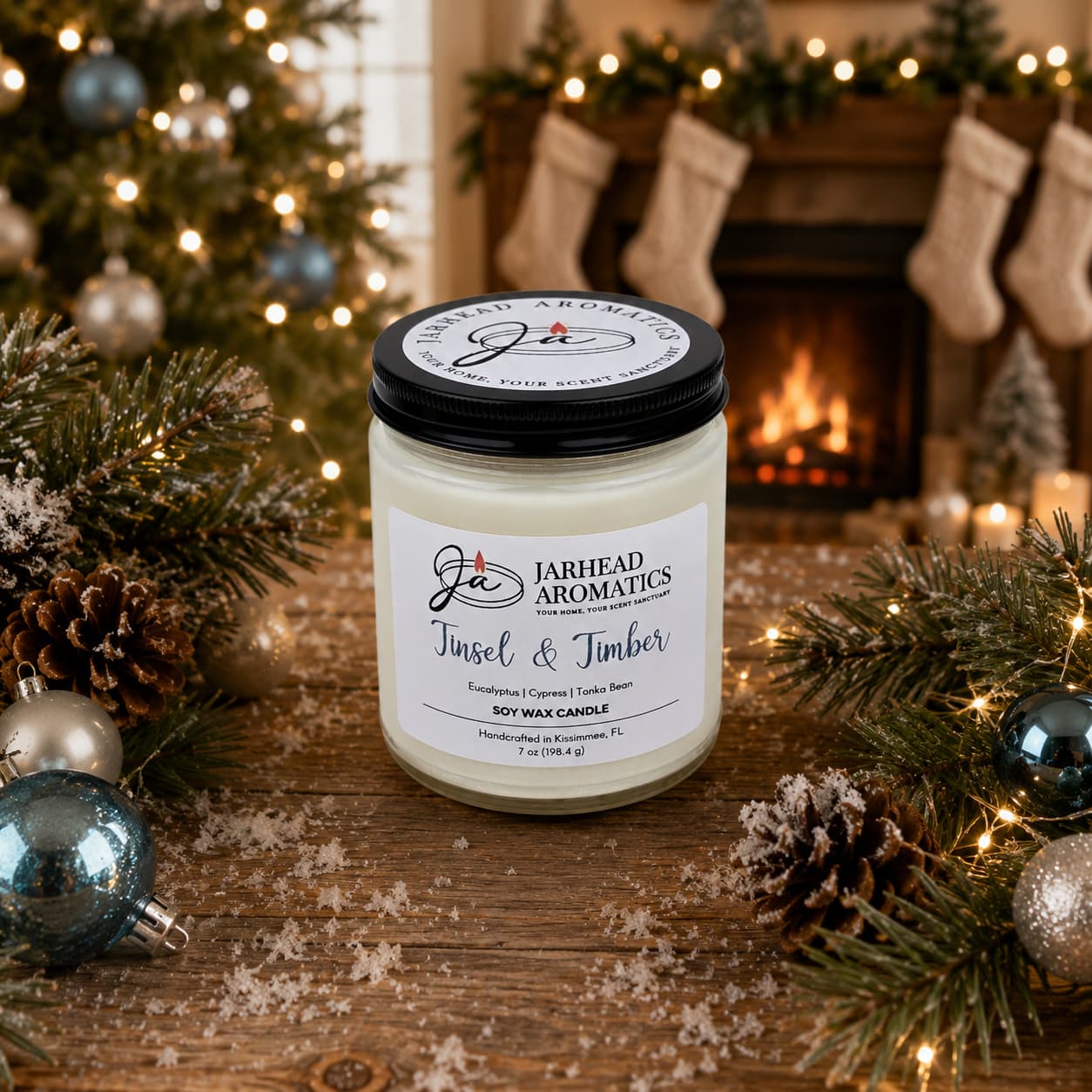 A Jarhead Aromatics Tinsel & Timber Soy Wax Candle, featuring festive notes of eucalyptus, pine, smoke, and tonka, sits on a snowy wooden table adorned with pine branches and ornaments in front of a glowing fireplace with stockings hanging above, filling the air with holiday cheer.