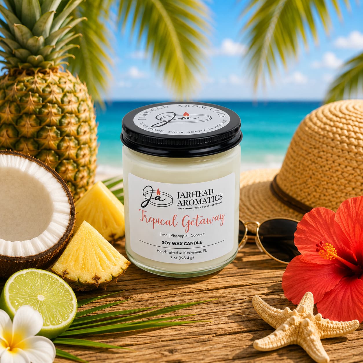 A Jarhead Aromatics Tropical Getaway Soy Wax Candle—Mango, Coconut & Pineapple scented—rests on a wooden table amid pineapple, coconut, lime, straw hat, red hibiscus flower, and tropical beach scenery for the perfect escape.