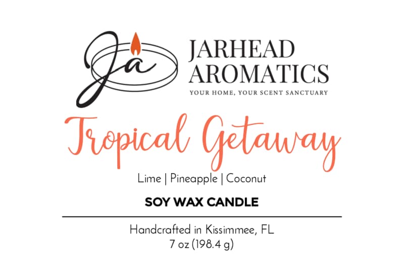 Jarhead Aromatics Tropical Getaway Soy Wax Candle—handcrafted in Kissimmee, FL. Enjoy mango, coconut & pineapple scents. Net weight: 7 oz (198.4 g).