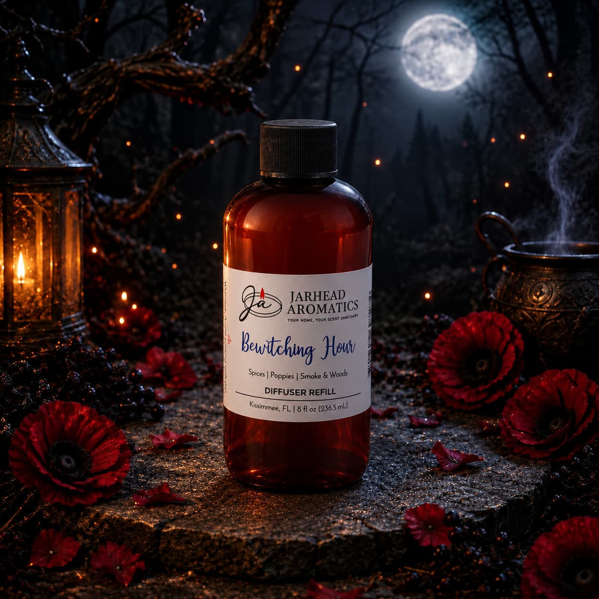 A bottle of Jarhead Aromatics’ Bewitching Hour Diffuser Refill—featuring exotic spices, dark florals, and smoky woods—rests atop moss beside red flowers, candles, and a cauldron in a moonlit, mystical forest. Gothic elegance infuses the scene, bringing an enchanting touch of home fragrance to your space.
