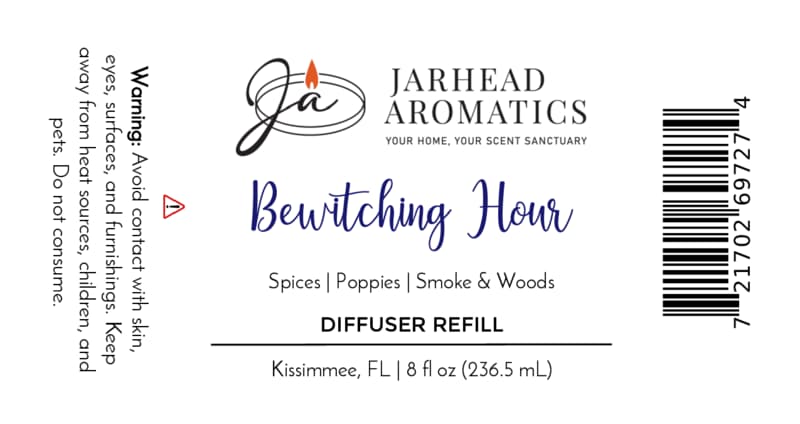 Jarhead Aromatics Bewitching Hour Diffuser Refill label, featuring gothic elegance on a white background, lists home fragrance notes of exotic spices, dark florals, and smoky woods; includes a warning, barcode, and volume (8 fl oz/236.5 mL).