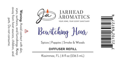 Jarhead Aromatics Bewitching Hour Diffuser Refill label, featuring gothic elegance on a white background, lists home fragrance notes of exotic spices, dark florals, and smoky woods; includes a warning, barcode, and volume (8 fl oz/236.5 mL).