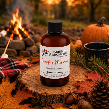 A bottle of Jarhead Aromatics Campfire Memories Diffuser Refill | Maple, Clove & Smoky Embers rests on a wooden slice, encircled by autumn leaves, pinecones, and a pumpkin. With a campfire and mugs in the background, it’s the perfect way to fill your space with the inviting aroma of maple, clove, and smoky embers—an ideal addition to any home fragrance collection.