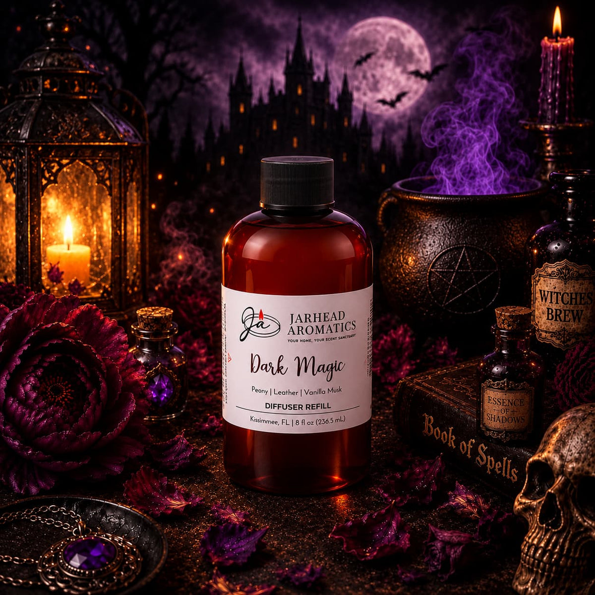 A bottle of Jarhead Aromatics Dark Magic Diffuser Refill | Peach, Plum, Dark Florals & Vanilla Musk rests amid candles, potion bottles, a spell book, a cauldron, and gothic decor; behind it glows a purple moonlit castle silhouetted by bats and twisted trees—capturing the enchanting allure of this gothic romance-inspired fragrance for your home diffuser.